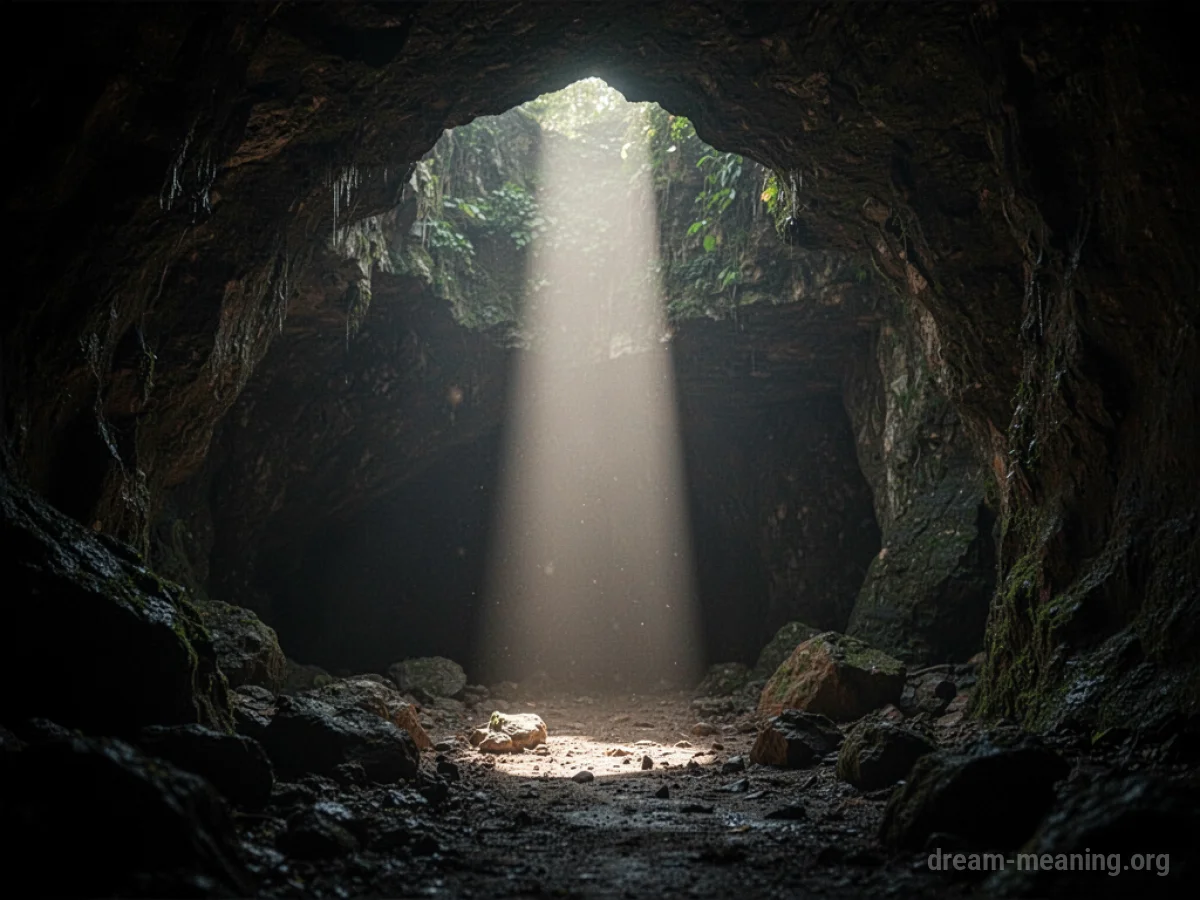 A bright shaft of light enters a dark, enclosed space.