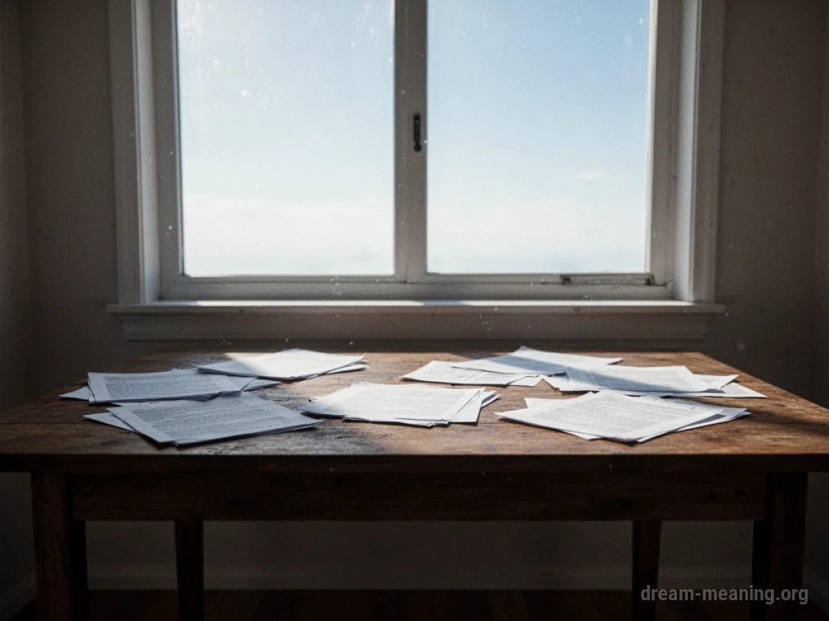 An empty desk with papers and an open window.
