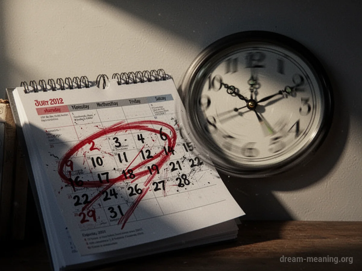 A calendar page with an important date circled in red, and a clock with hands blurred from rapid movement.