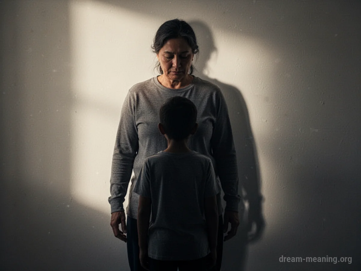 Parent figure shielding a child silhouette from a background shadow.