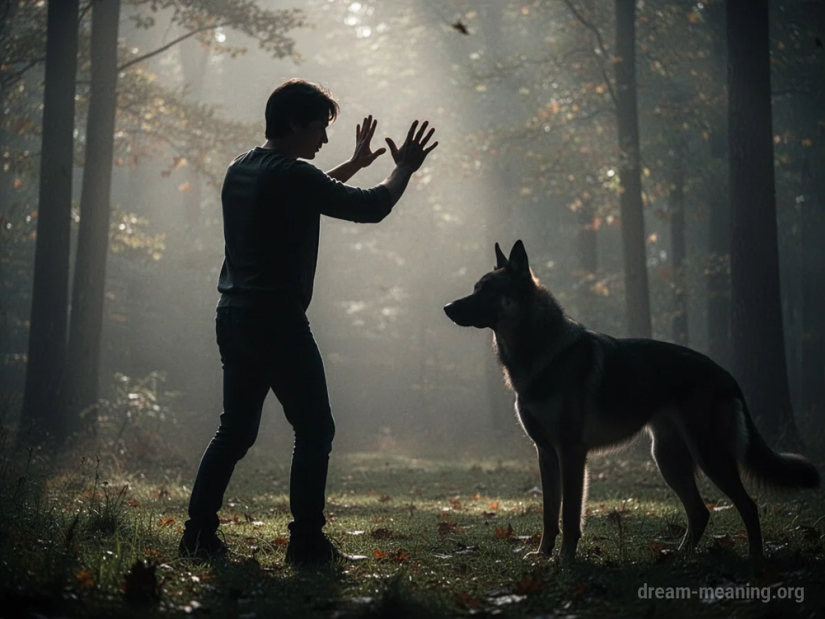 Silhouette of a person shielding themselves from a shadowy dog.