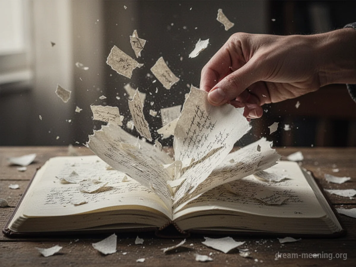 A hand ripping pages from a diary.