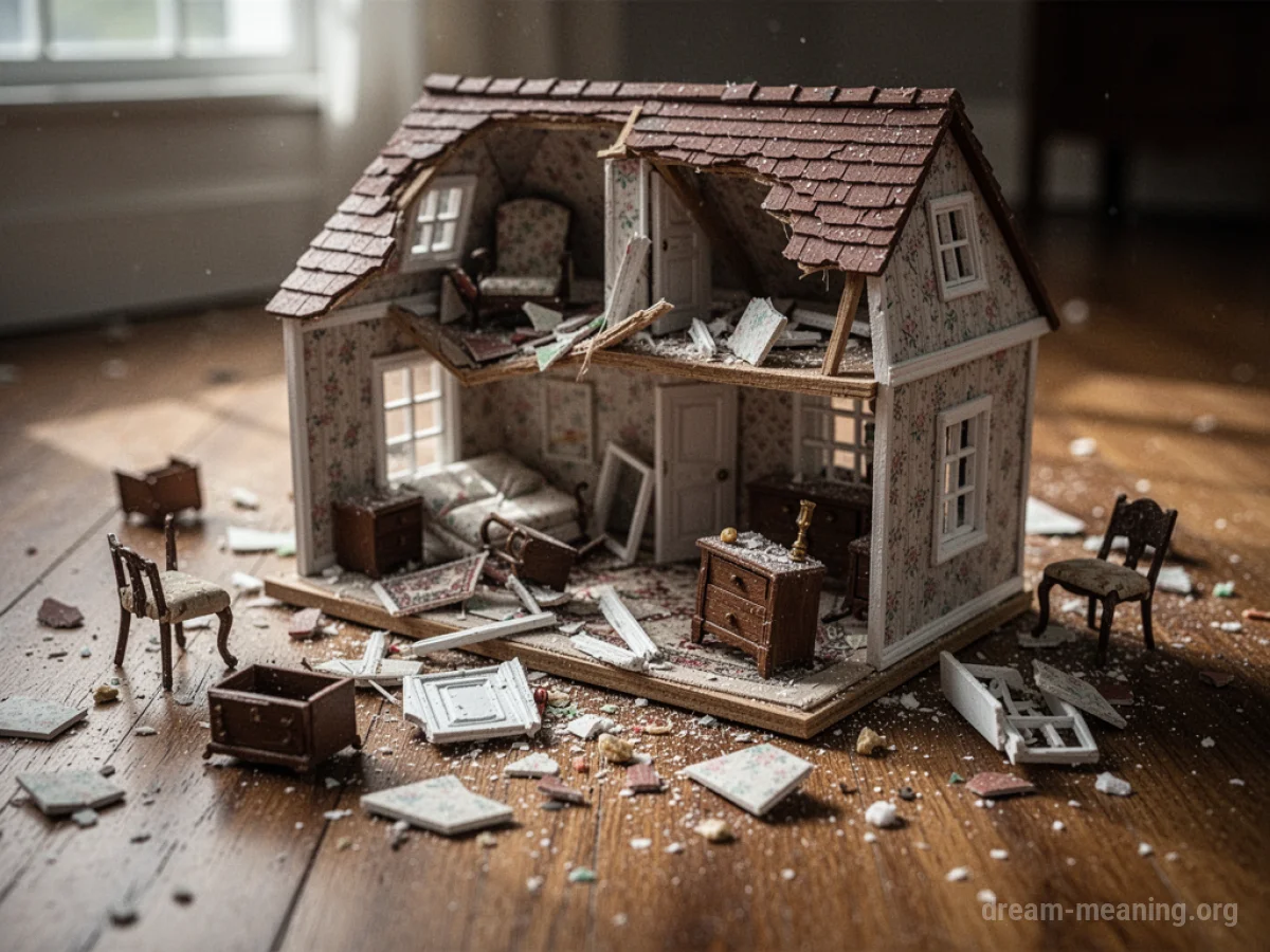 A small, broken dollhouse with scattered miniature furniture.