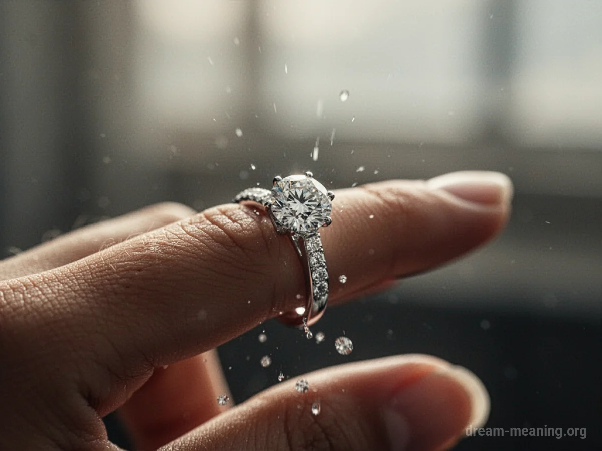 A diamond ring sliding off a person's finger.