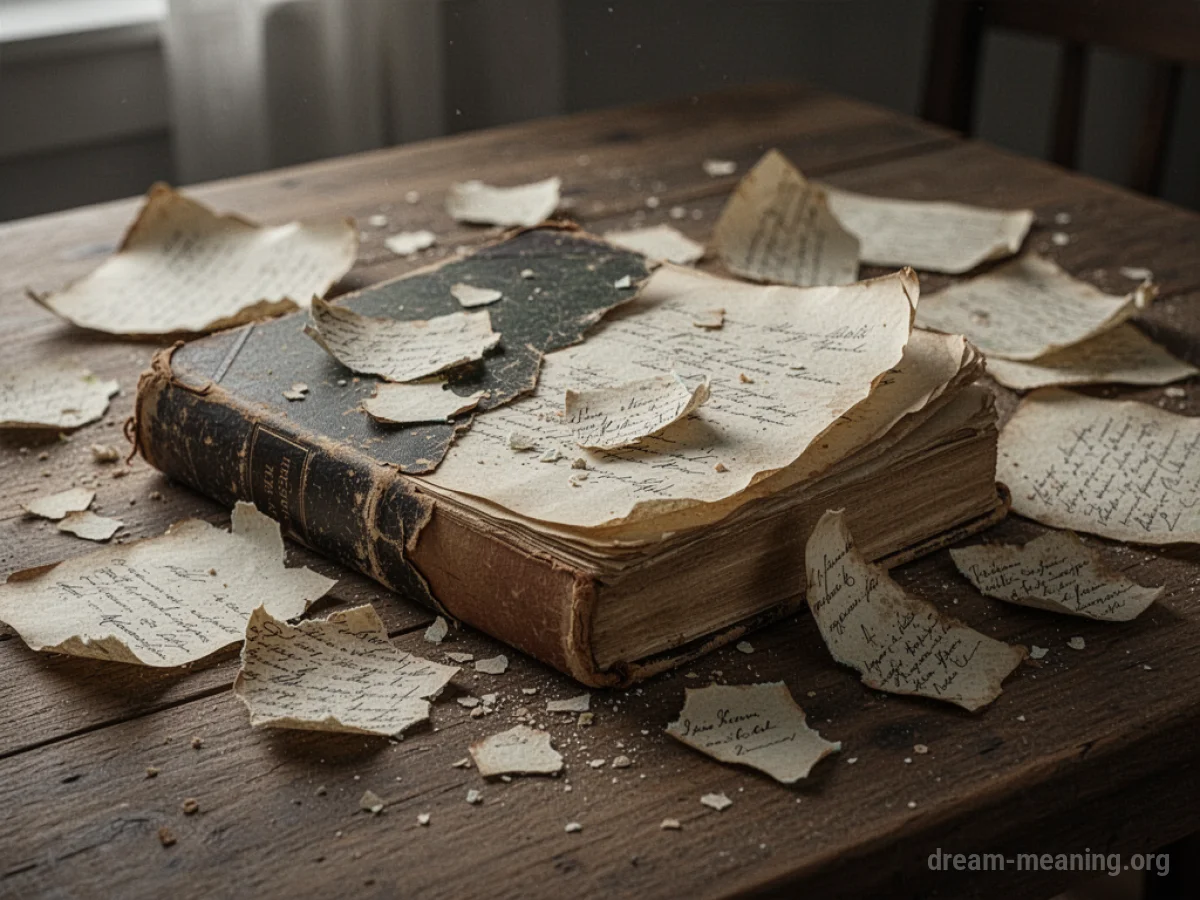 An old diary with loose pages scattered around it on a wooden surface.