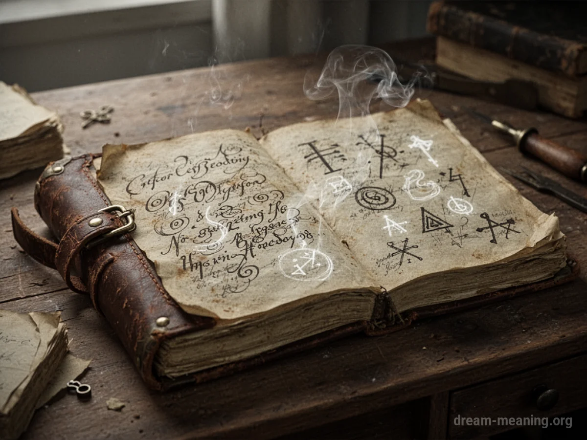 An open diary with pages filled with unreadable, abstract writing and faint symbols.