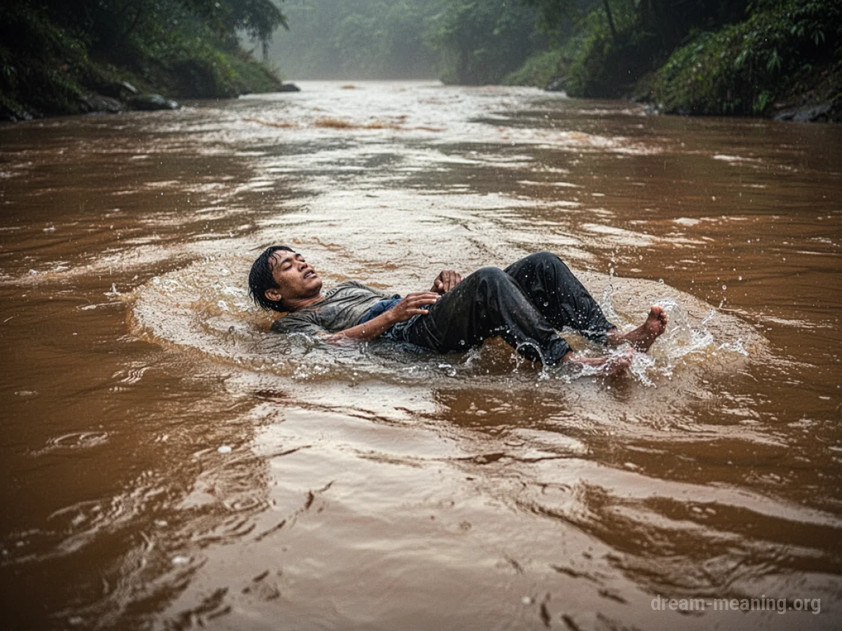 A person floating passively in murky water.