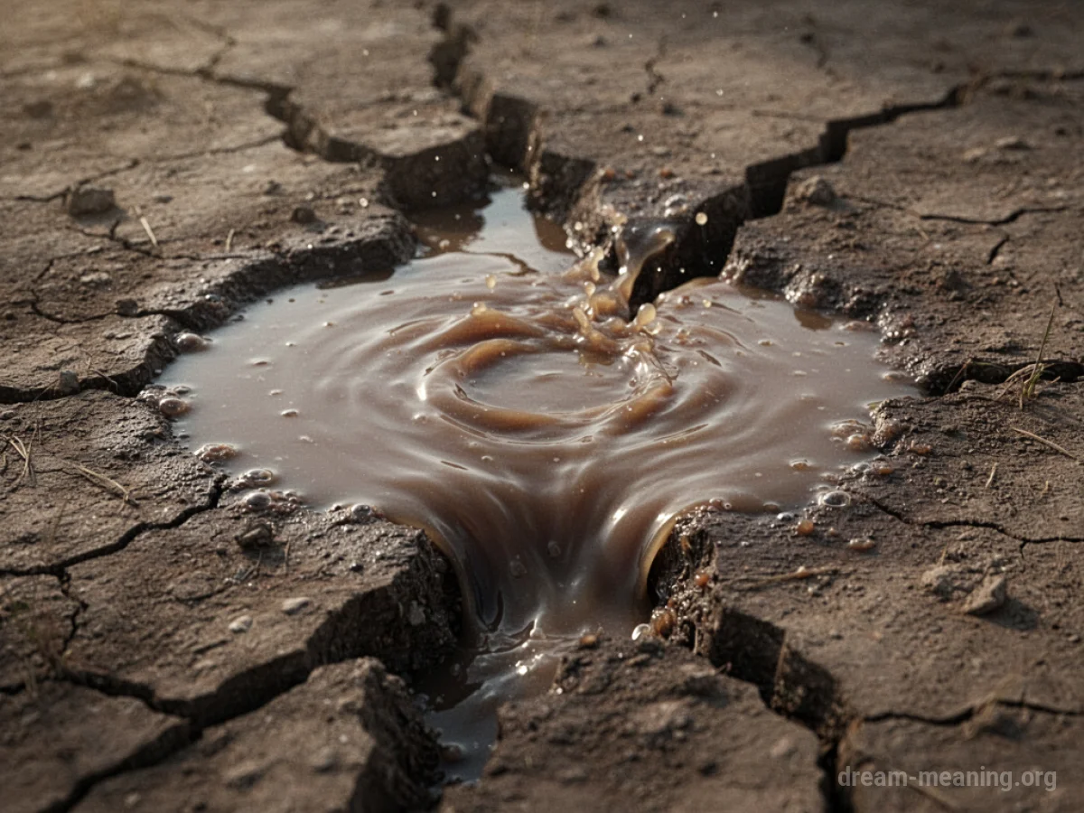 Brown, dirty water emerging from fissures in the soil.