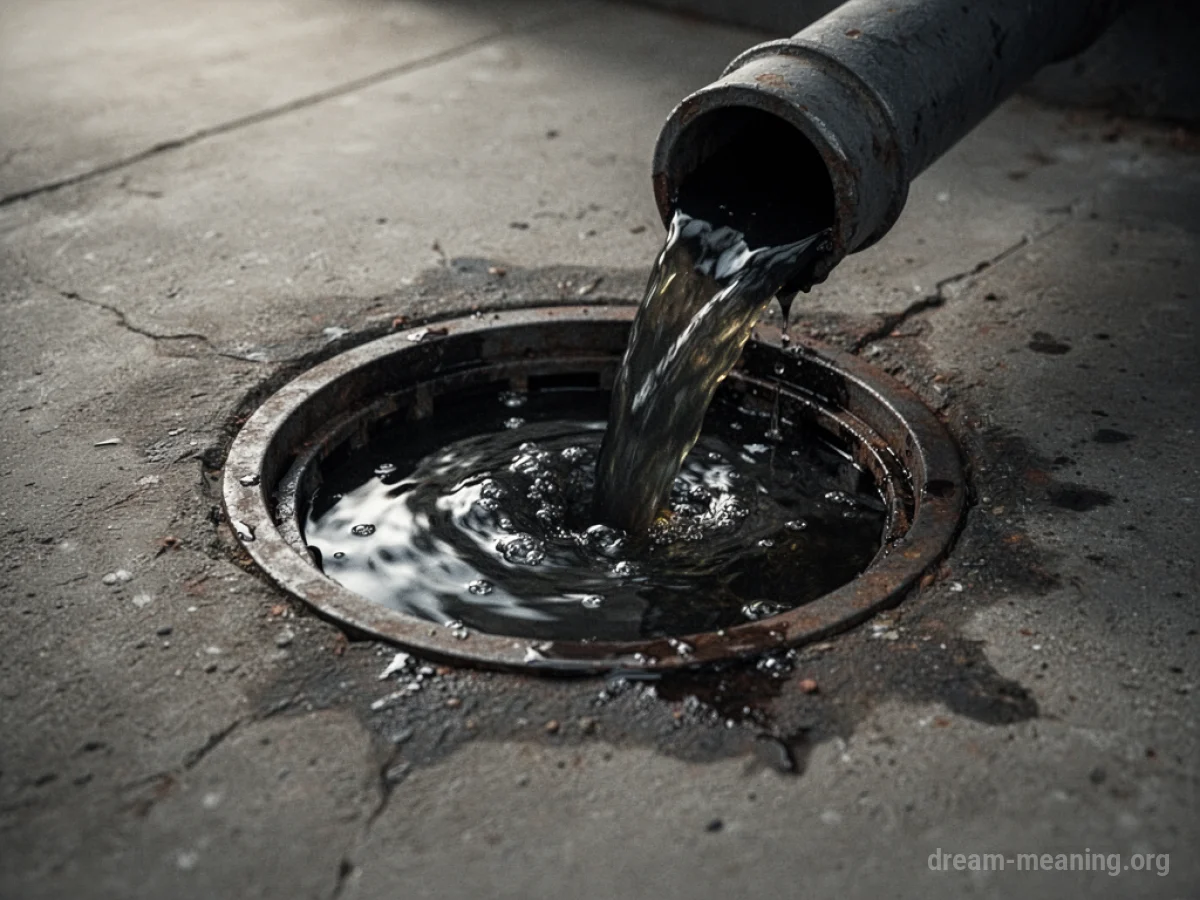 A close-up view of dark, dirty water exiting a drain.