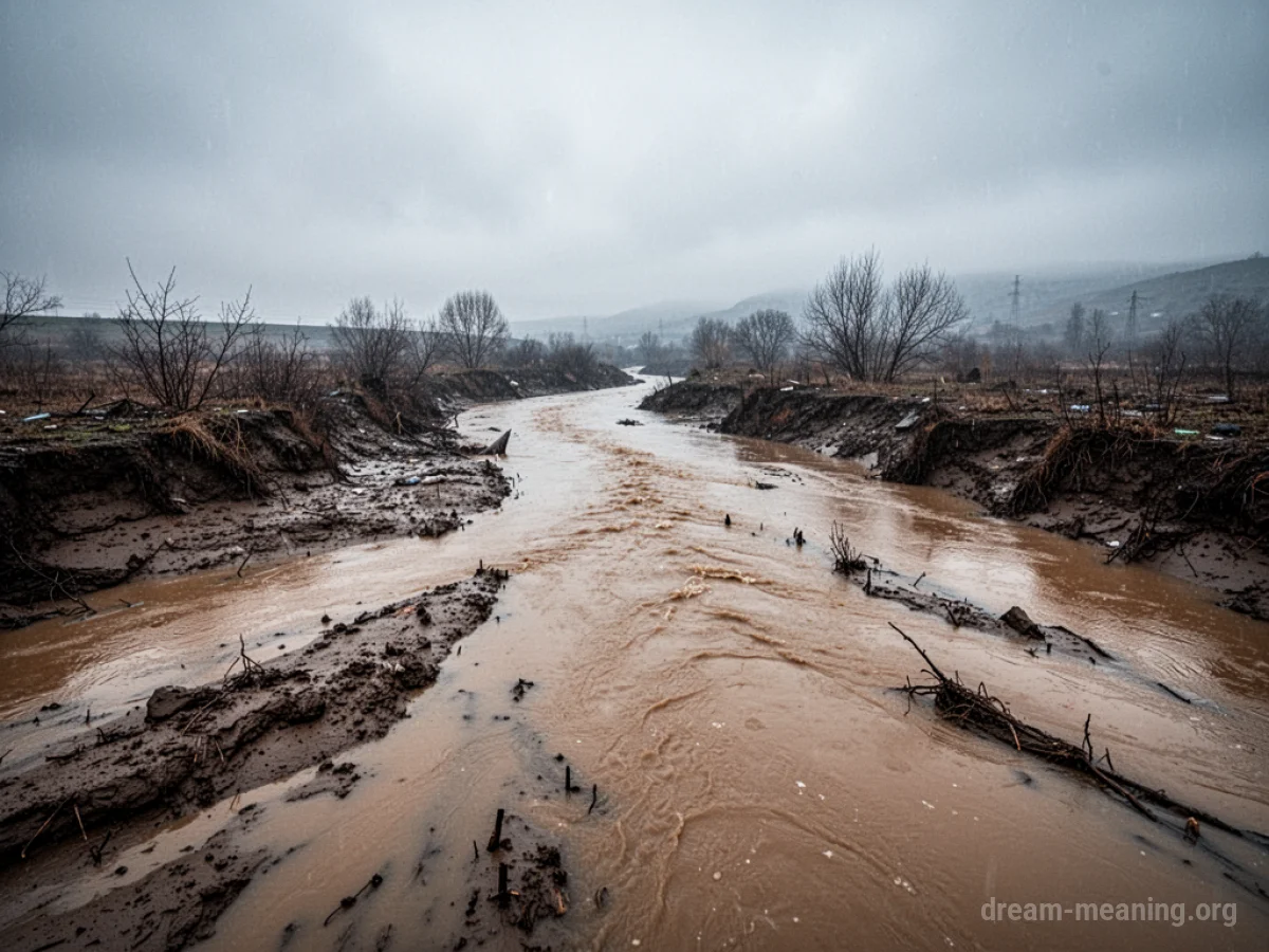 A murky river flowing through a barren landscape.