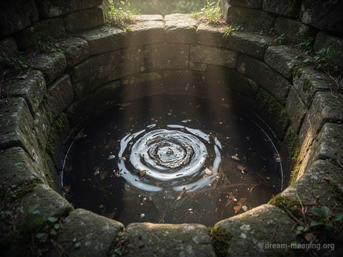 A dark, stagnant pool of water inside an old well.