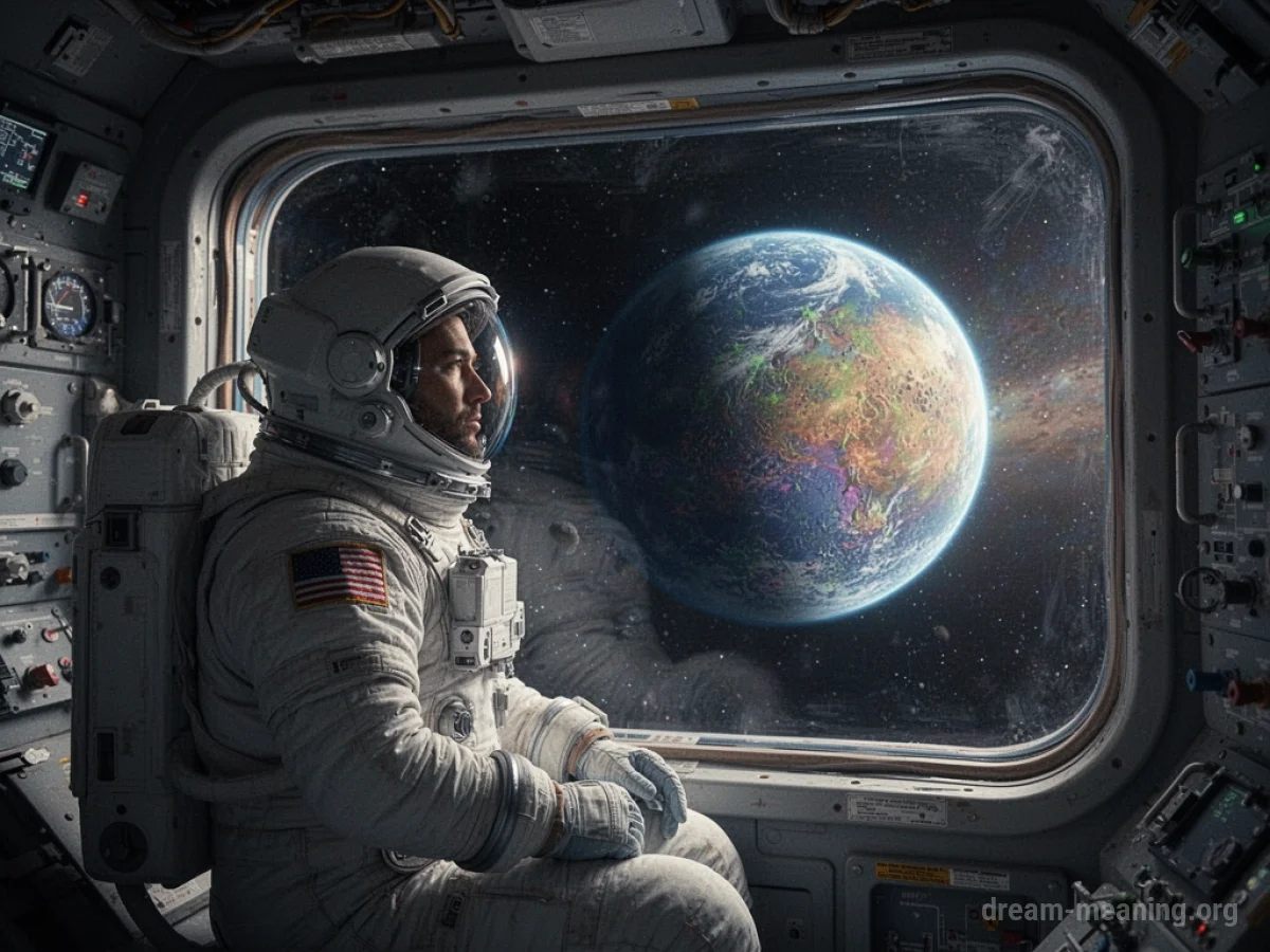 Astronaut looking at a colorful, unknown planet from a spaceship.