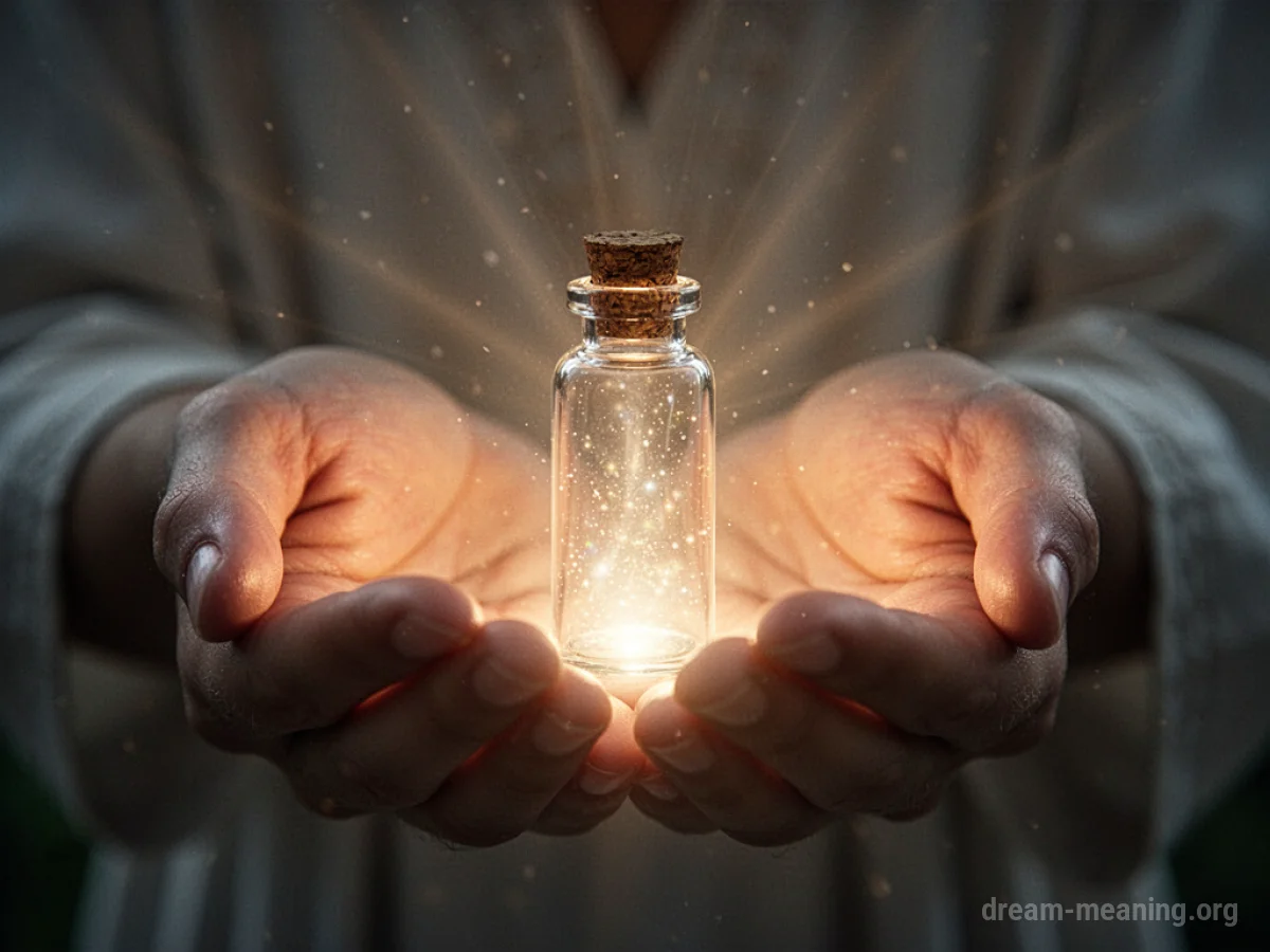 Hands holding a glowing vial emitting soft light.