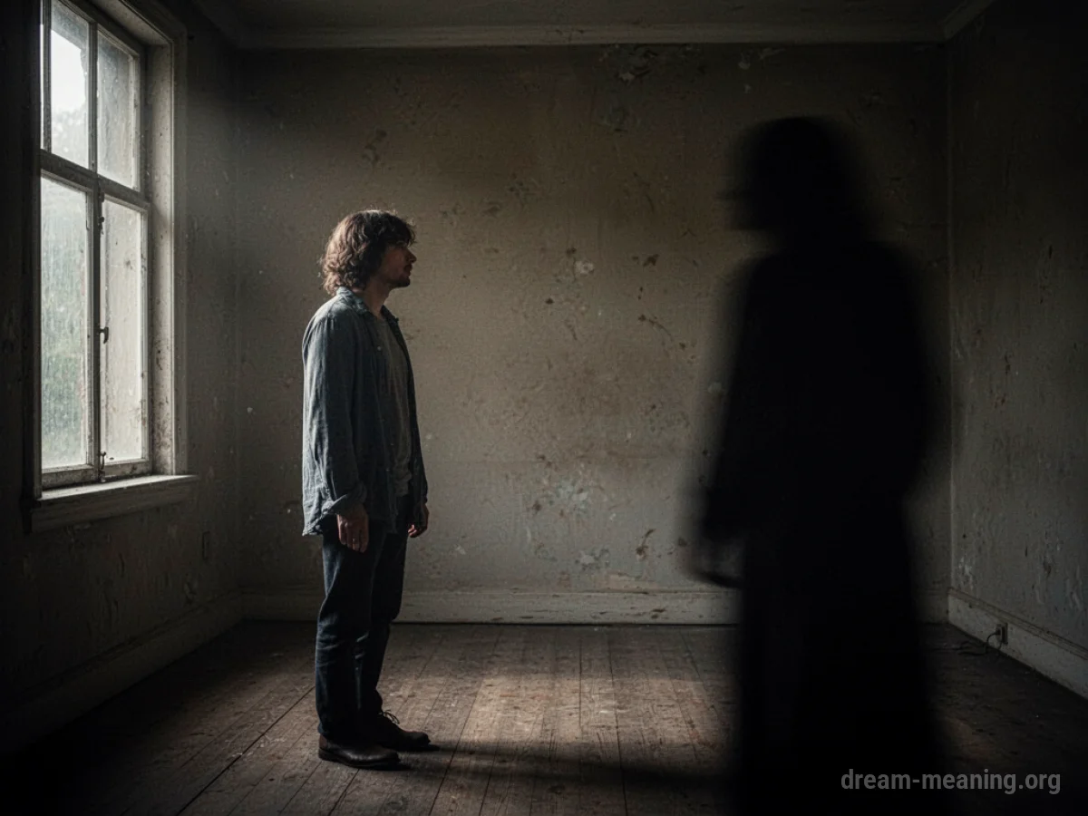 A silhouette of a person in a dark room looking towards a shadowy figure.