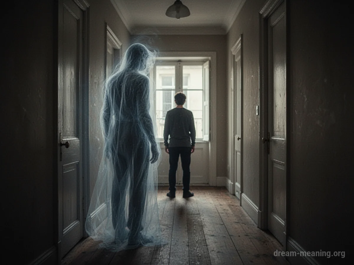 A faint ghost figure standing in a dark hallway with a person visible in the distance.