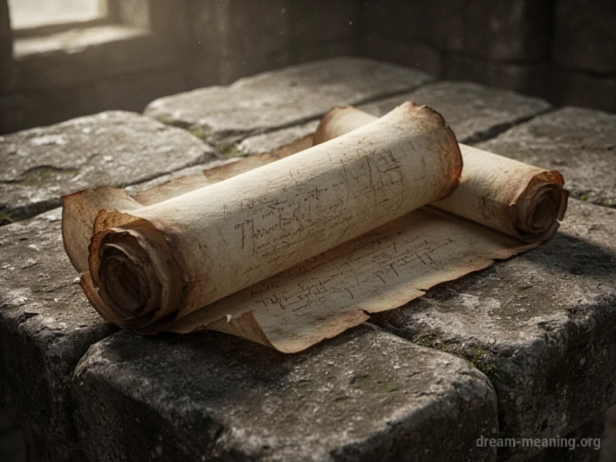 A parchment scroll lying on a weathered stone surface.