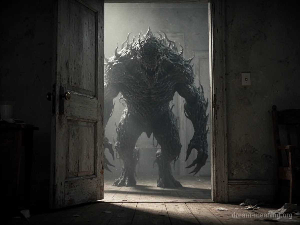 A dark, amorphous shape partially visible in a doorway.