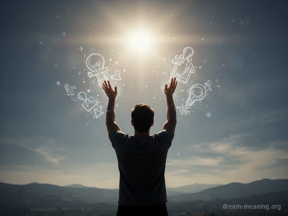 Silhouette of a person reaching towards a light with abstract shapes forming around their hands.