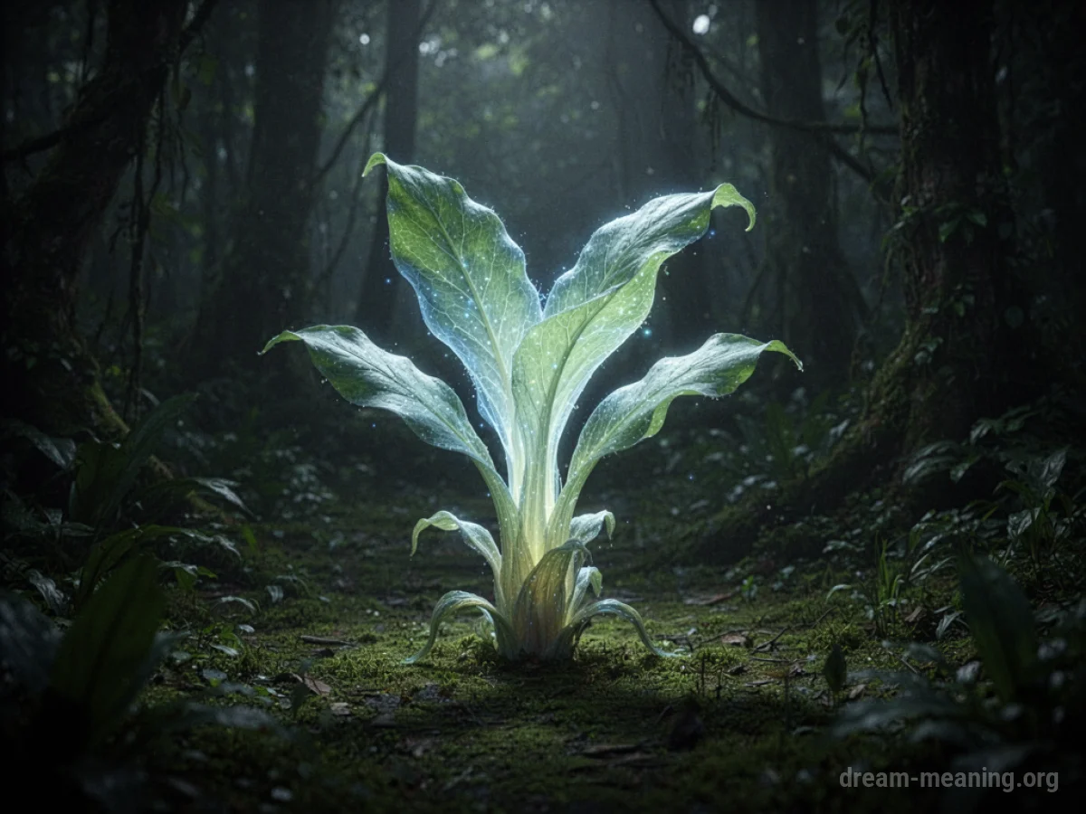 A glowing, unusual plant opening its petals in a dim, shadowy forest.