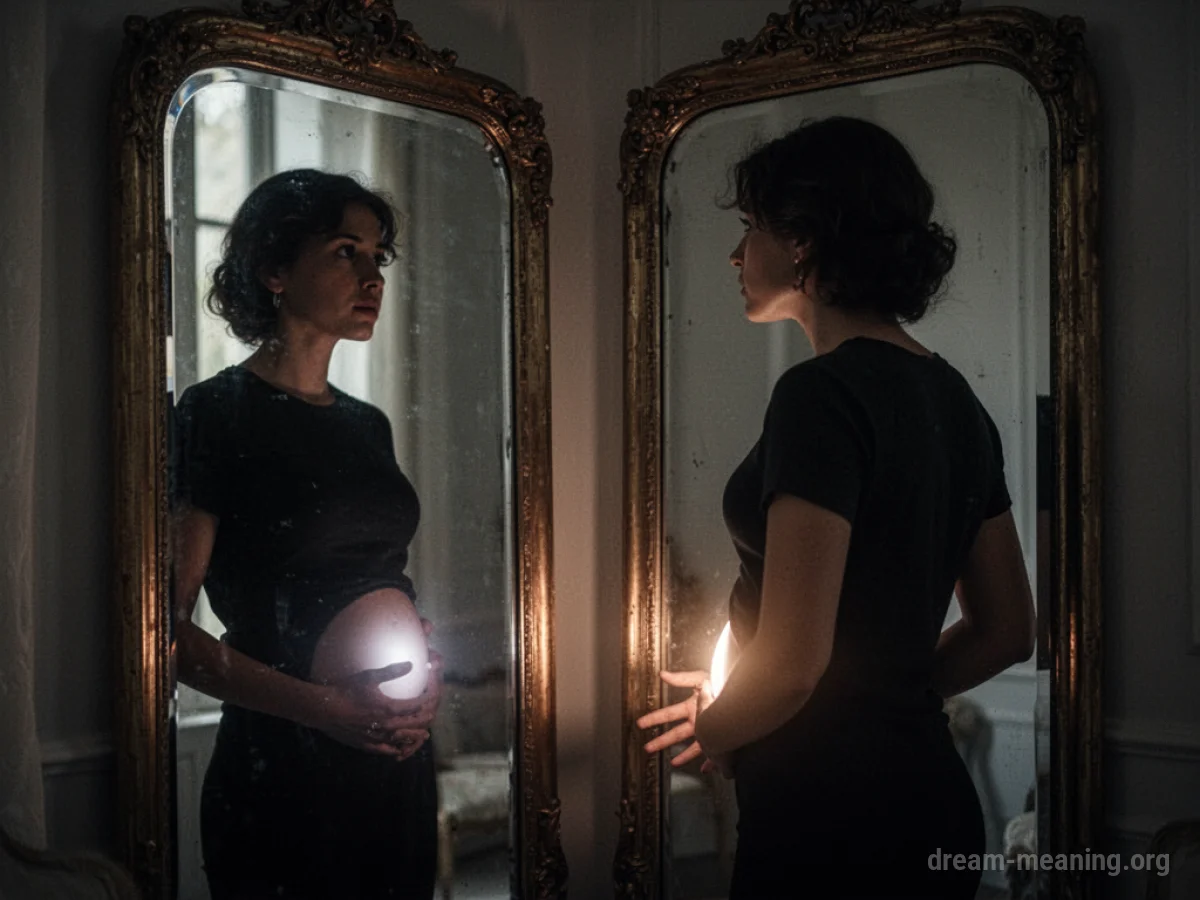 A silhouette of a person seeing a faint glow around their abdomen in a mirror.