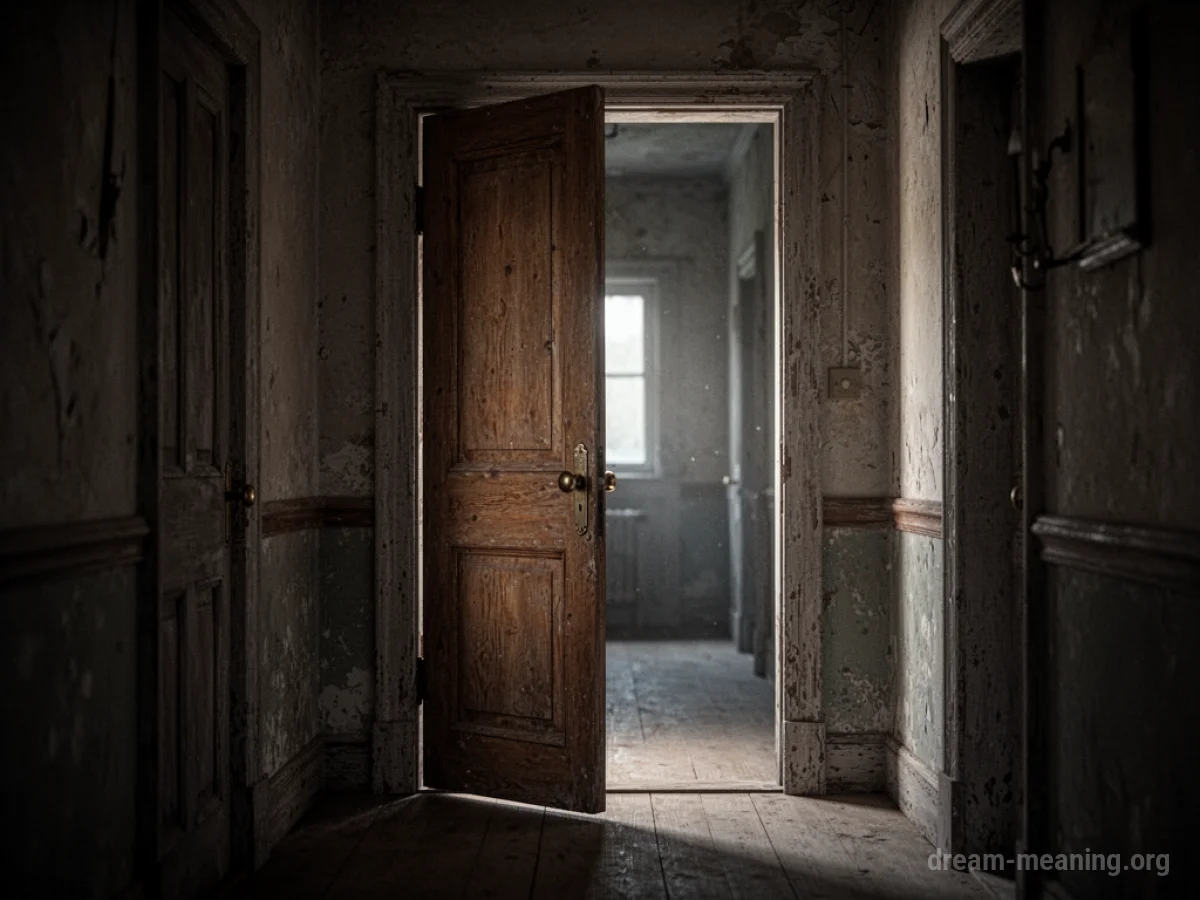 A partially open door in a dark hallway.