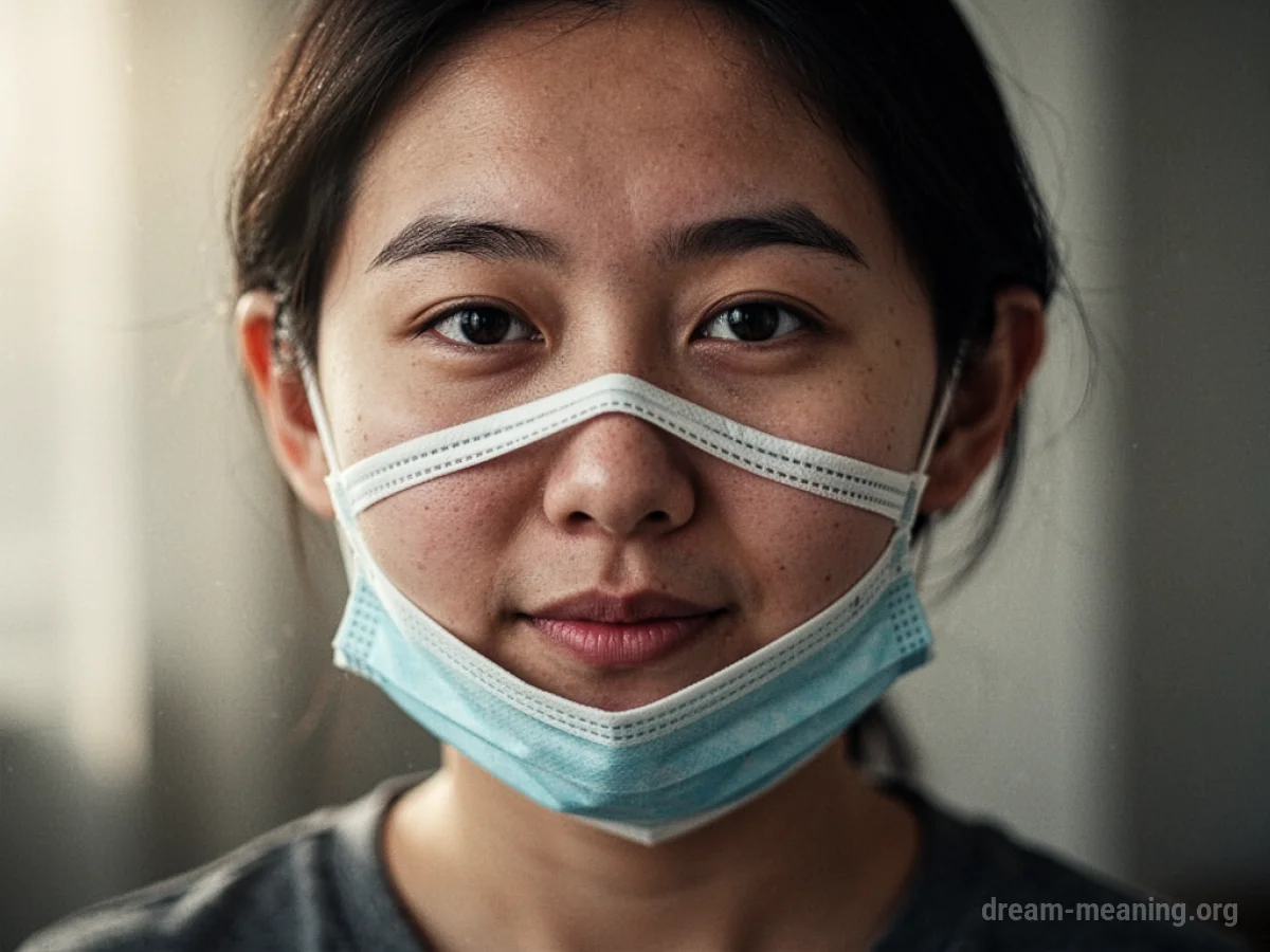 A person's face with a mask slipping down, showing part of the underlying skin.