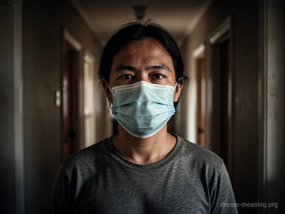 A person wearing a plain mask in a hallway.