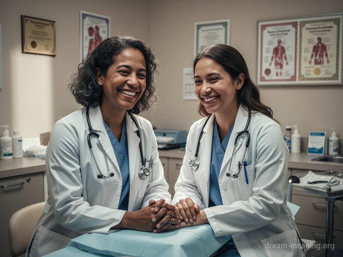 Two people smiling in a medical examination room.