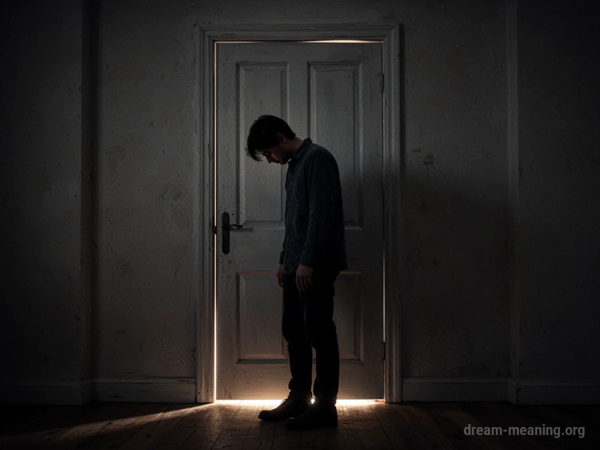 Silhouette of a person facing a closed door.