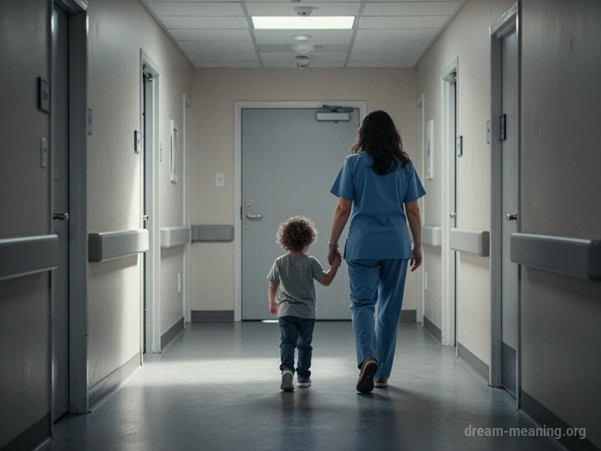 A parent and child walking down a hospital corridor.