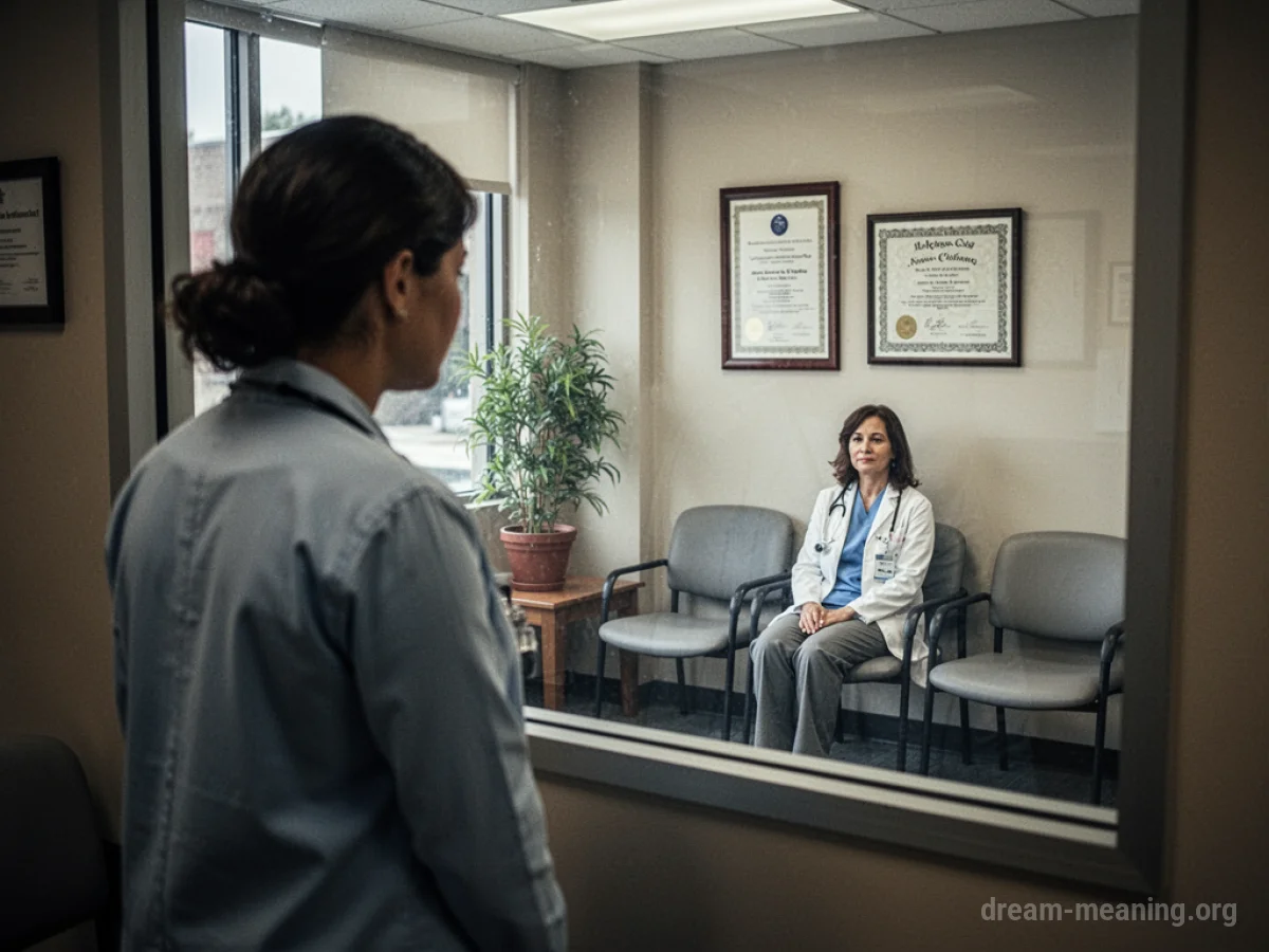 A silhouette of a person observing a waiting room through a window.