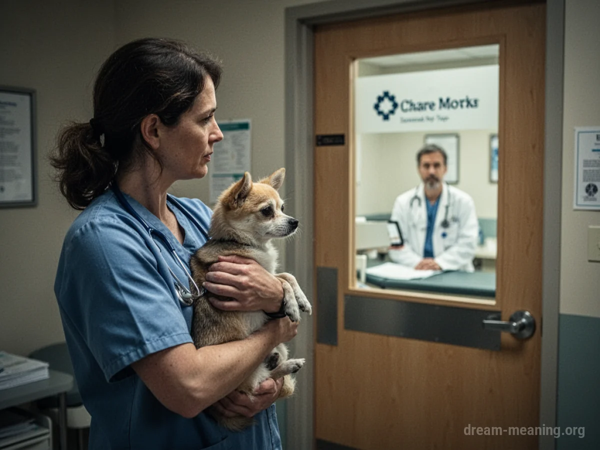 Person holding a pet near a doctor's office door.