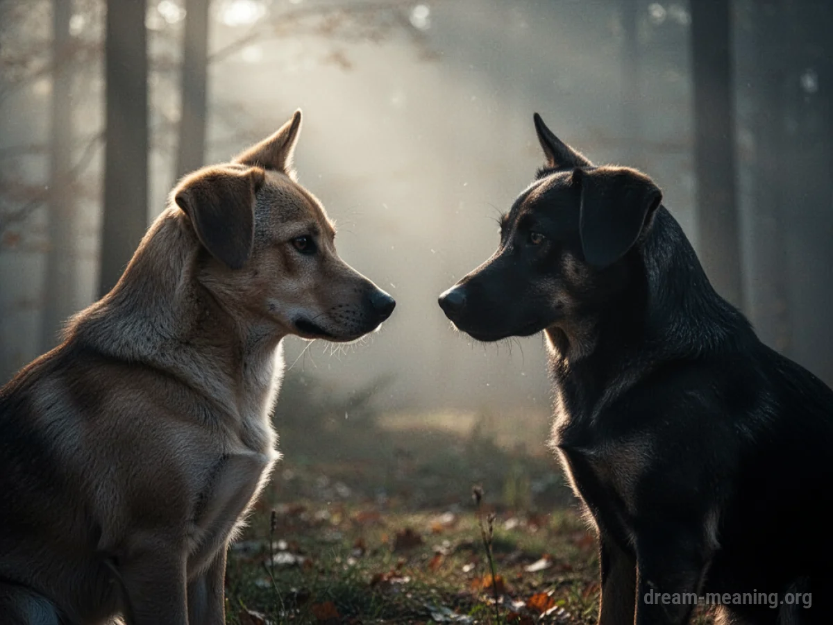 Two abstract dog shapes facing aggressively.