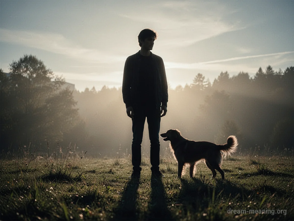 Silhouette of a person and a shadow of a dog near the person's leg.