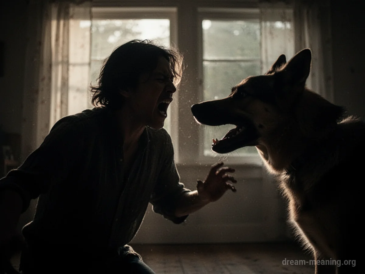 Silhouette of a dog lunging towards a person in a dark setting.