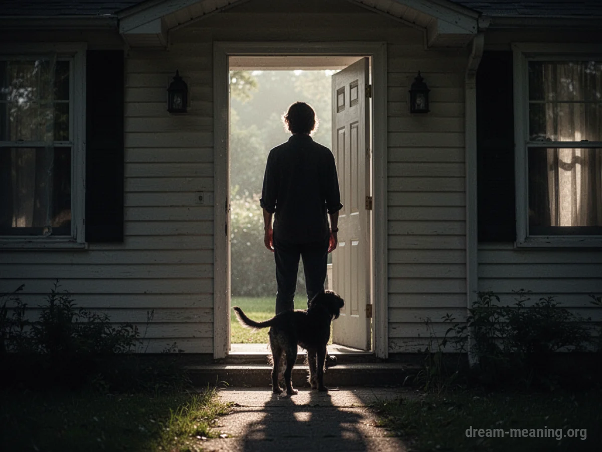 Silhouette of a person and a dog in a house doorway.