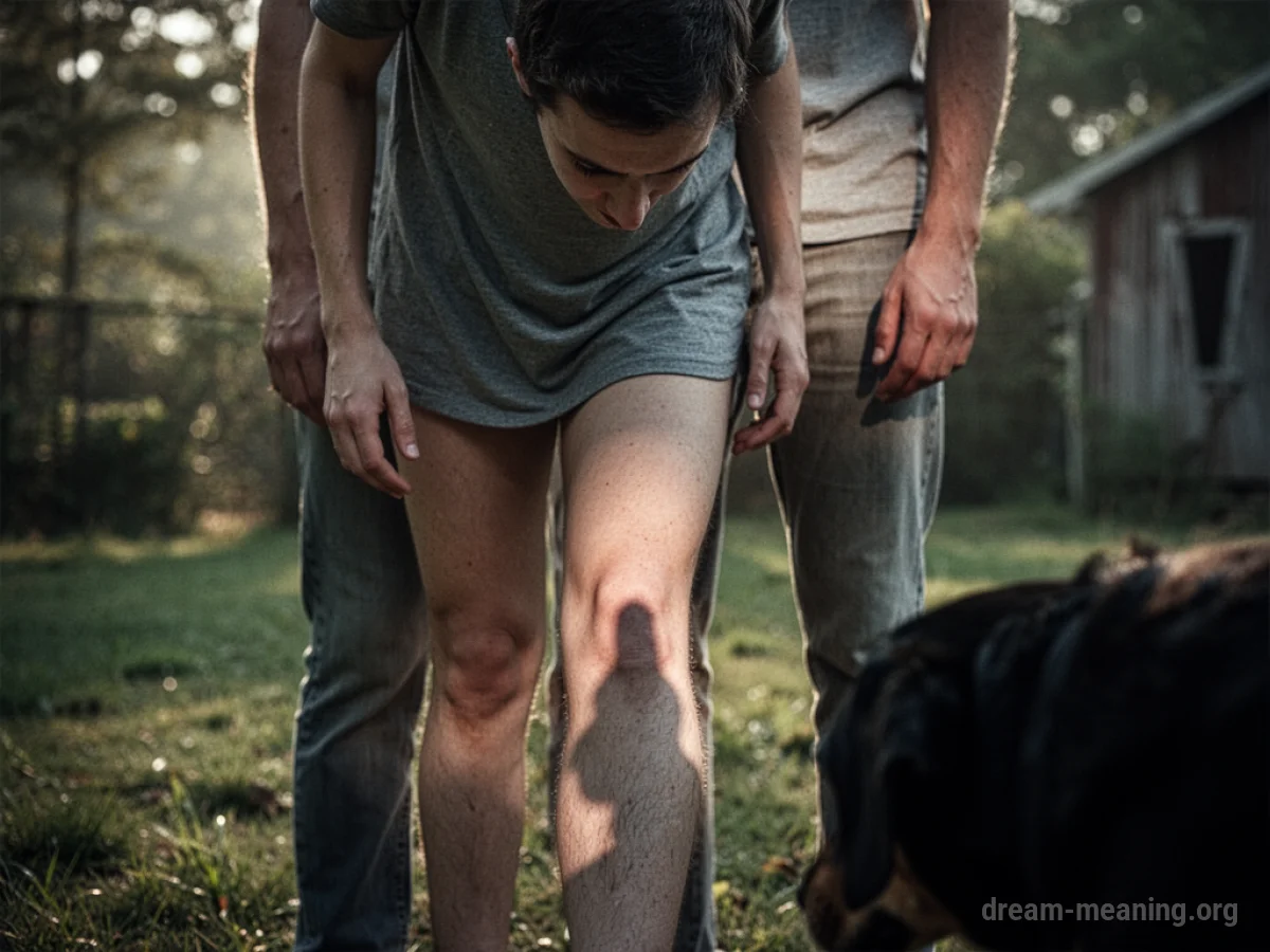 Silhouette of a person standing outdoors with a dark, blurry canine shape near their legs.