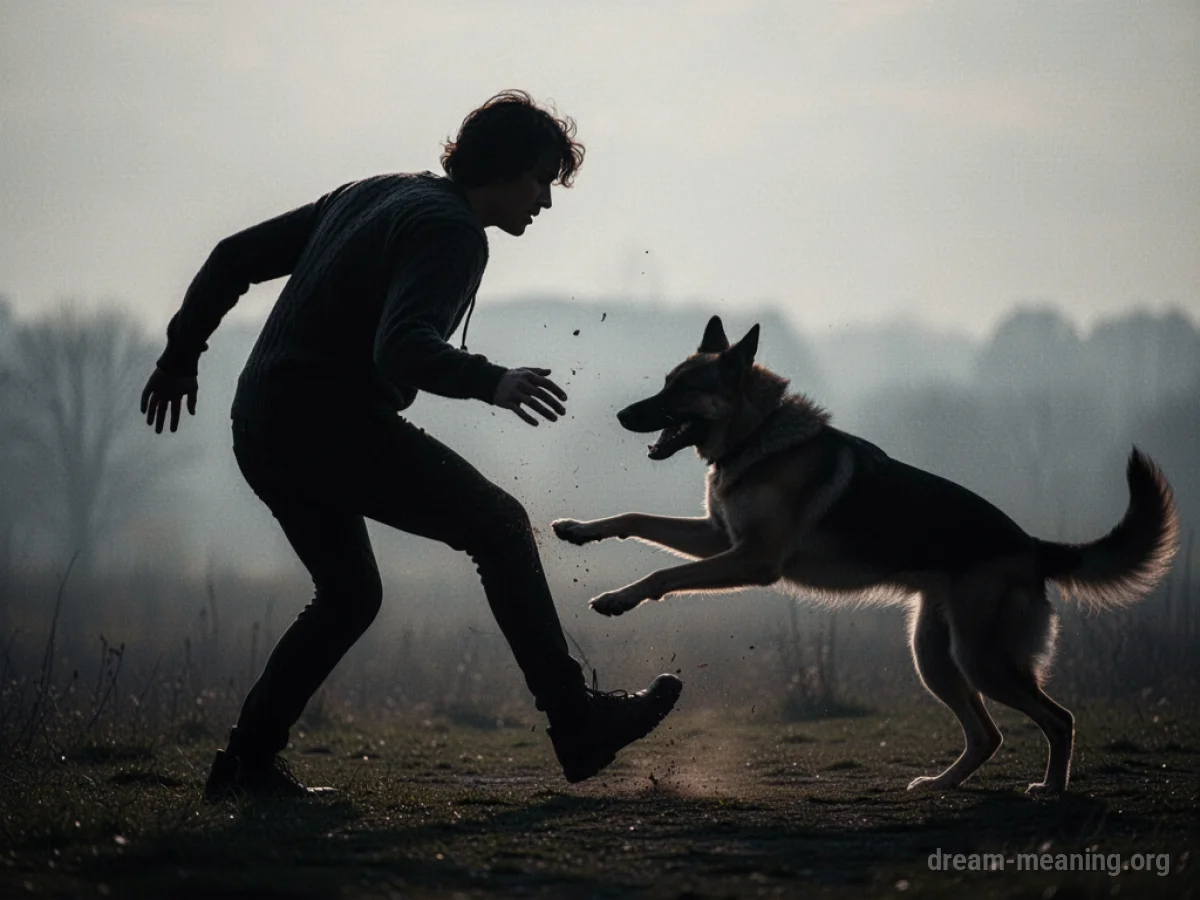 Silhouette of a person being attacked by a shadowy dog.