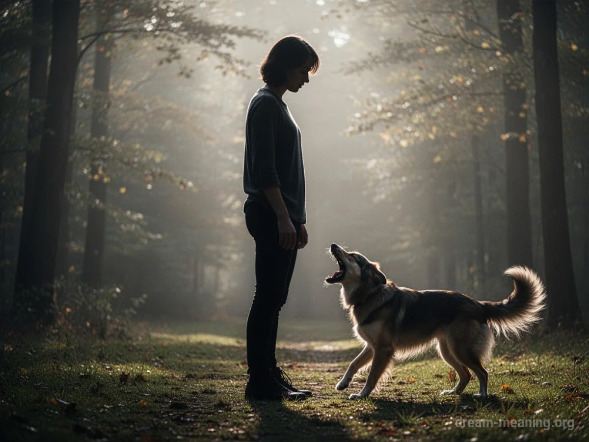Silhouette of a person standing near a barking dog without being touched.