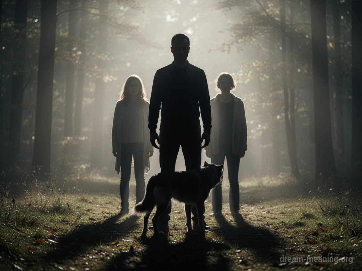 Silhouette of people with a dog shadow.