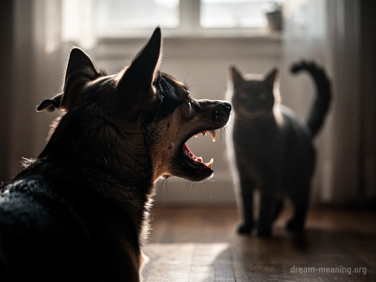 Silhouette of a dog with its mouth open facing a blurred cat silhouette.