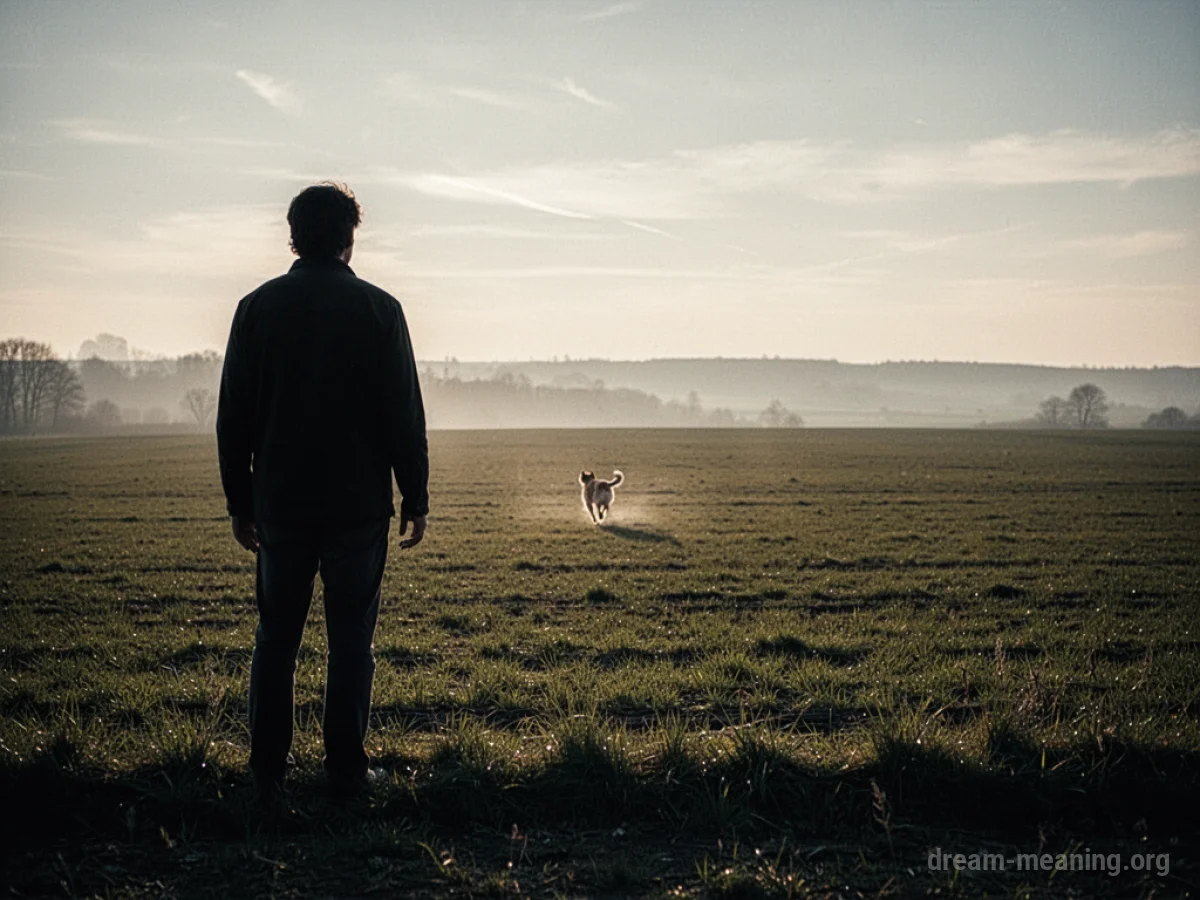 Silhouette of a person watching a dog run into the distance across a field.