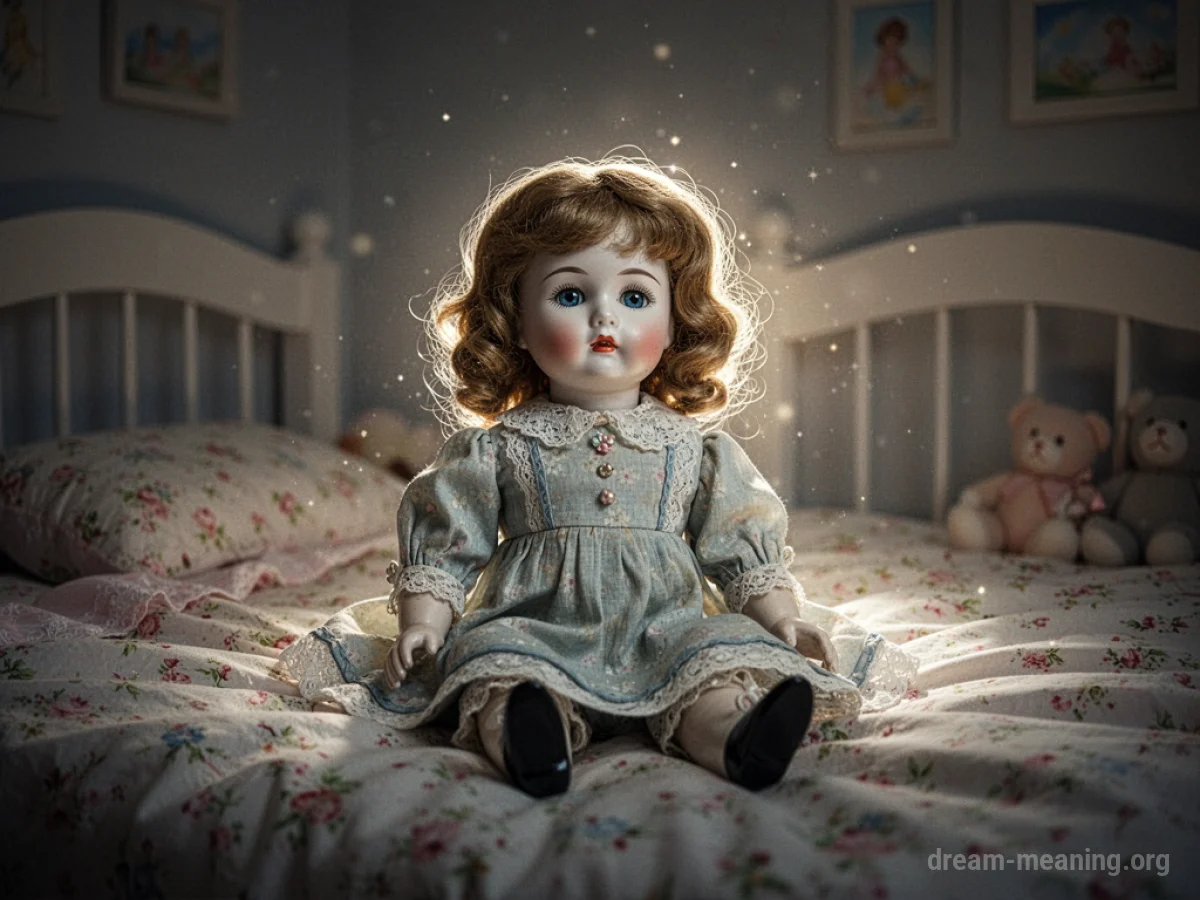 A porcelain doll sits on a bed with its eyes open.