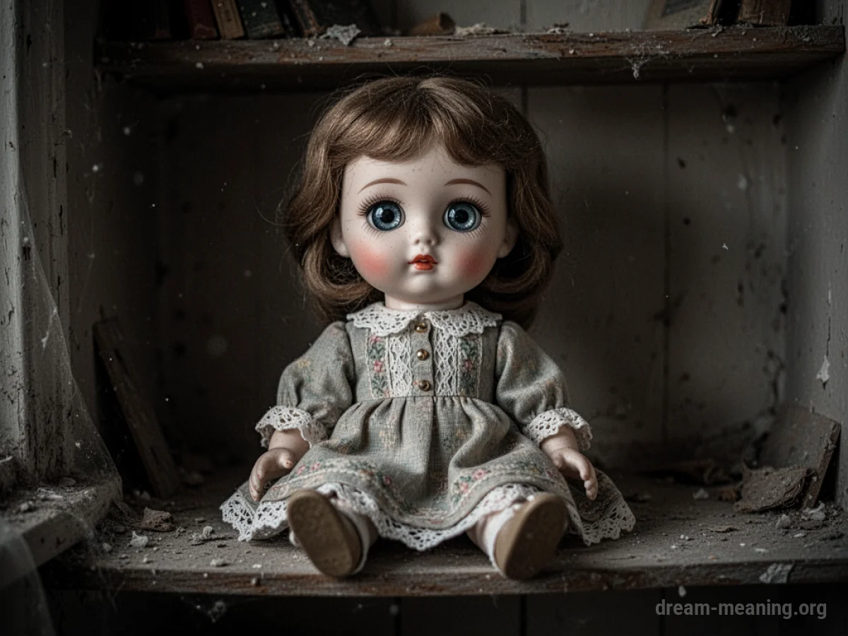 A close-up of a porcelain doll's face, focusing on its unblinking eyes.