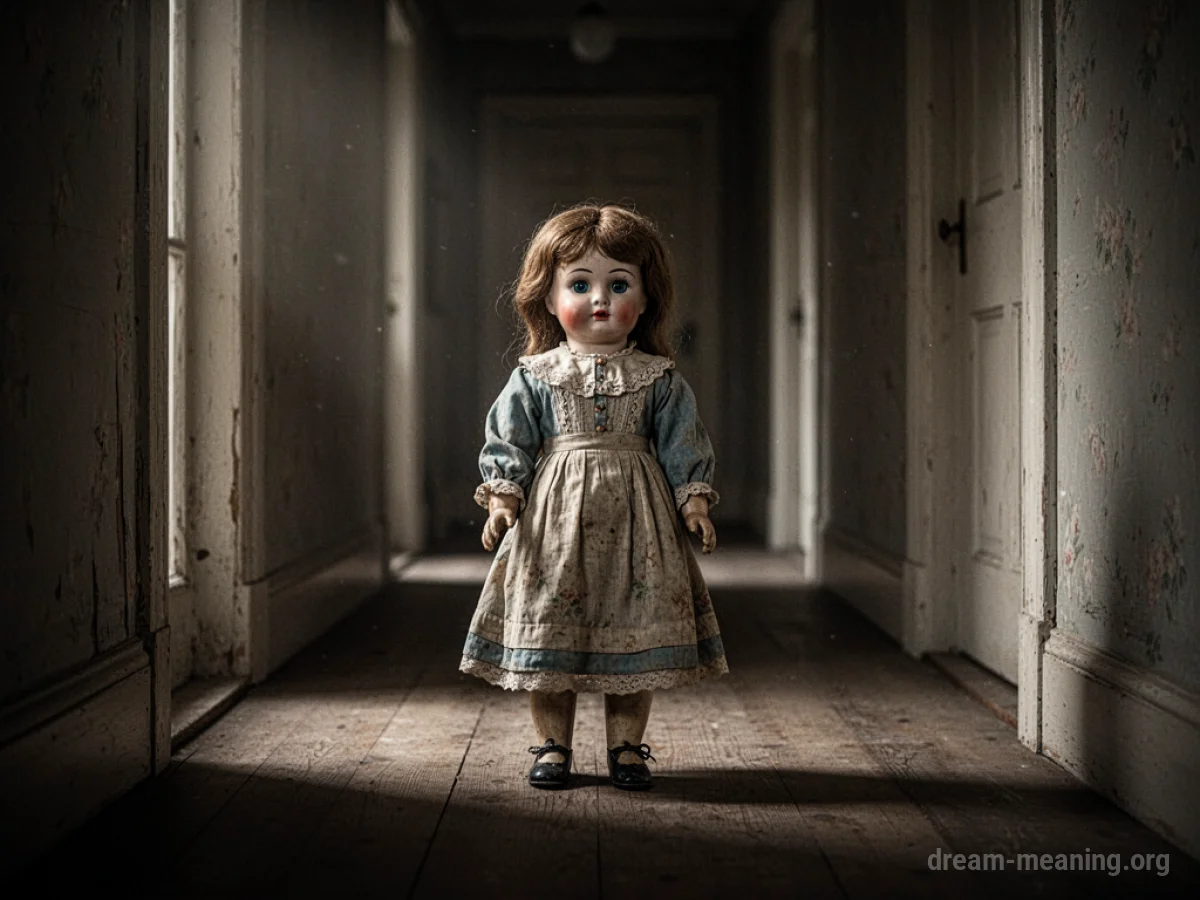 An antique doll in a dark hallway.