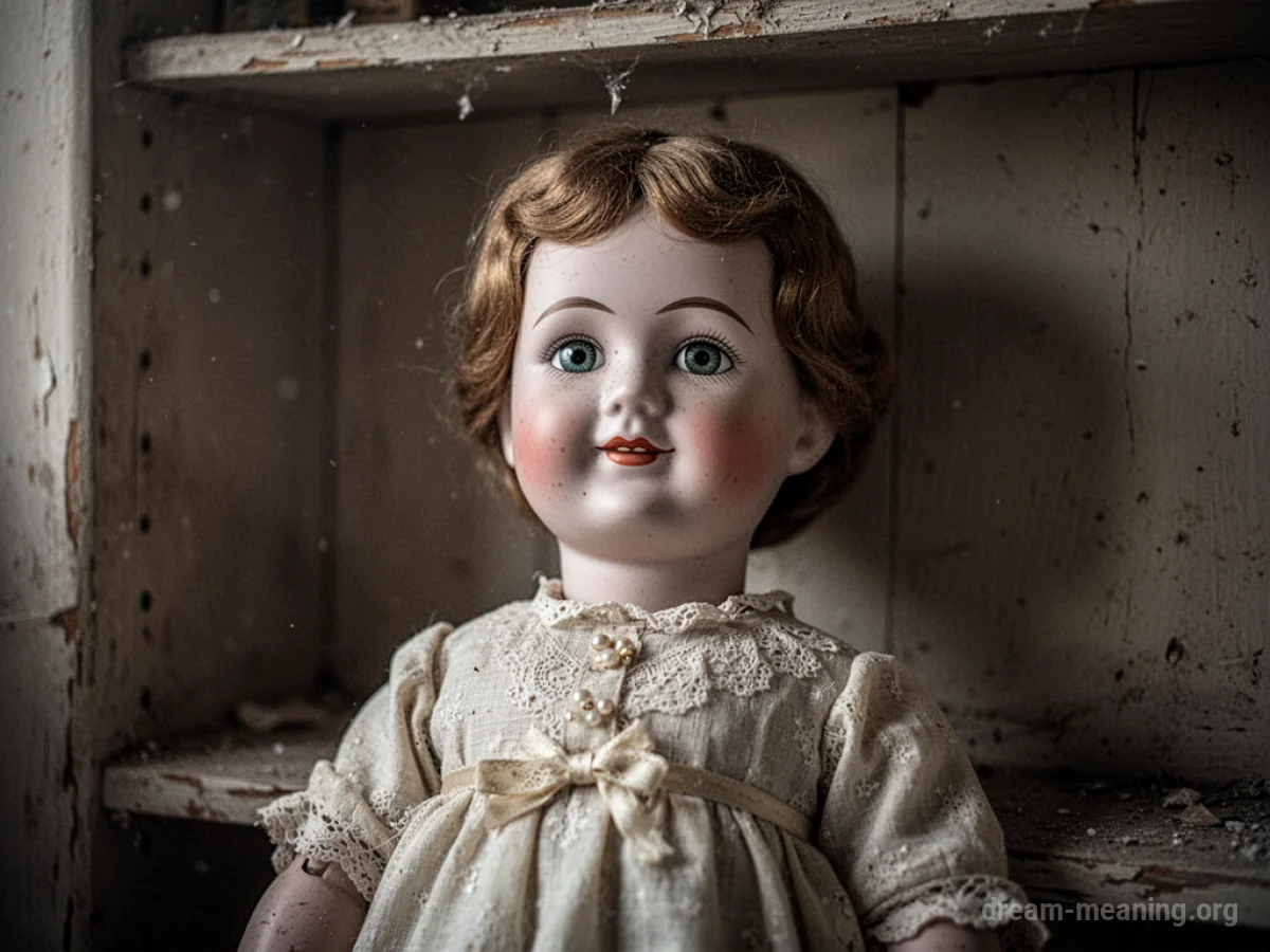 A porcelain doll with a smiling expression on a shelf.