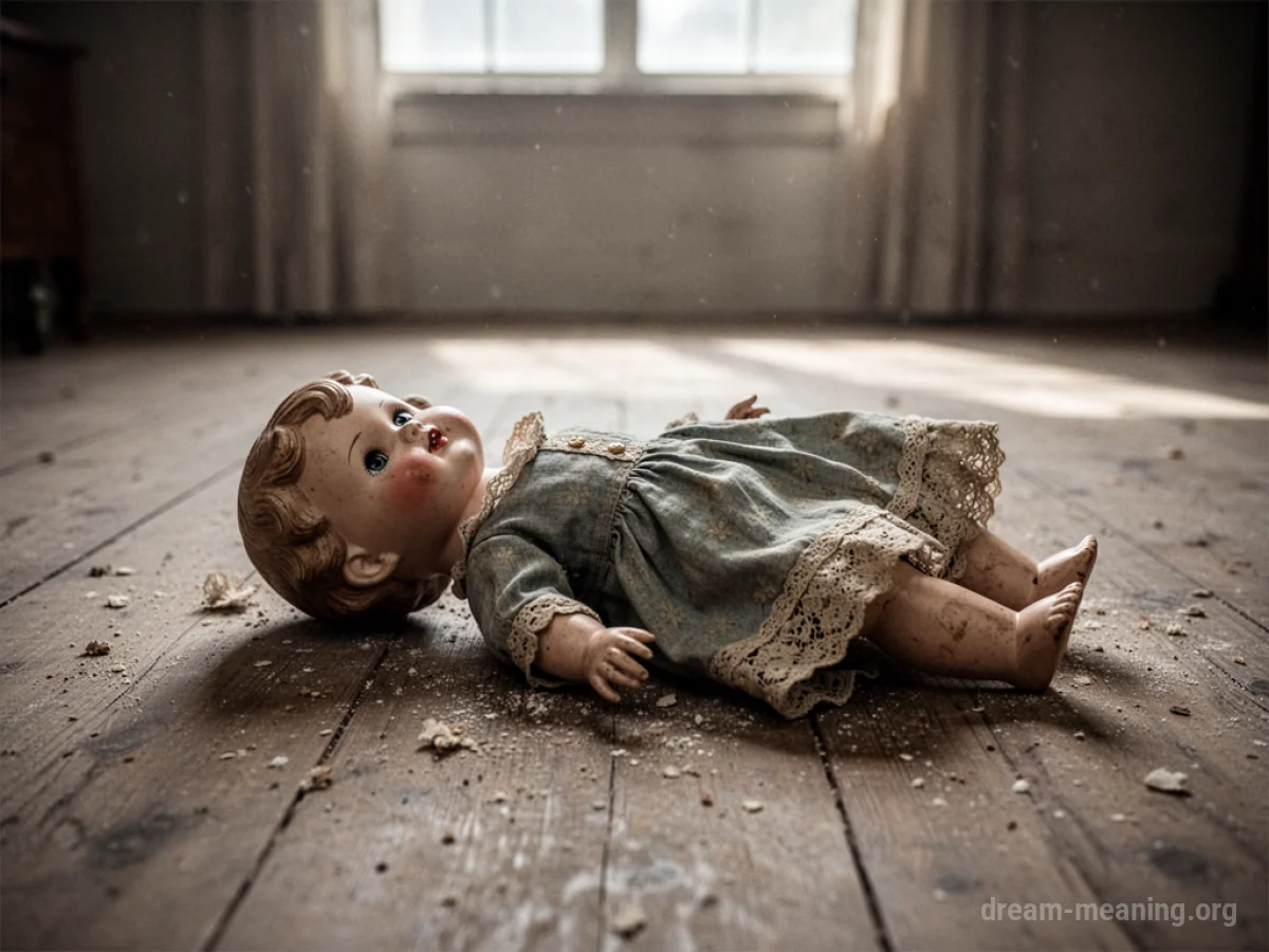 An antique doll without a head rests on a wooden floor.