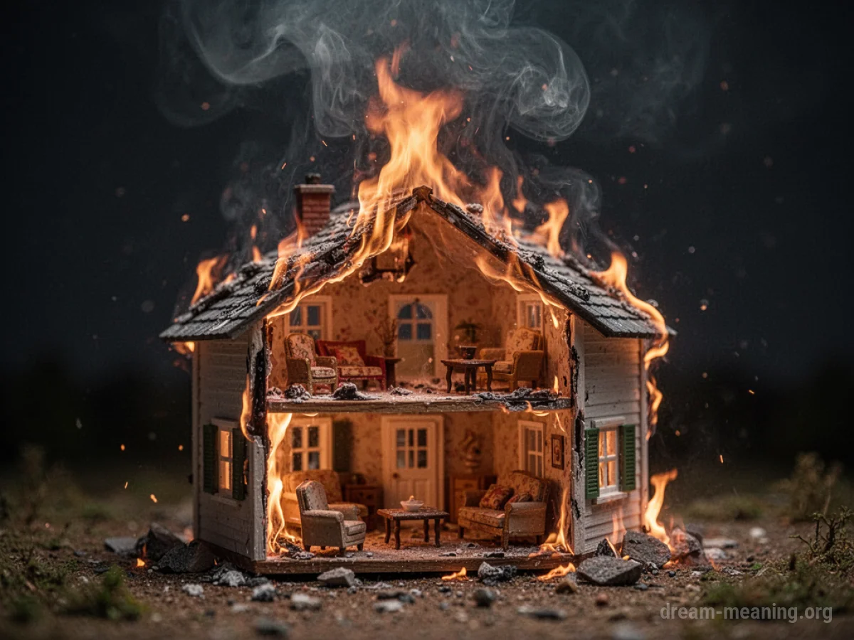 A small dollhouse on fire.