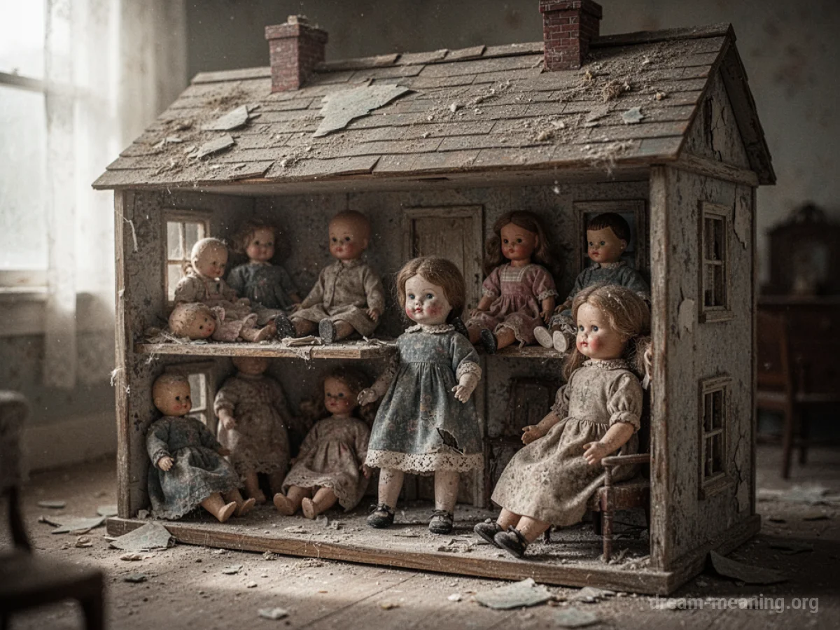An old dollhouse with several static dolls positioned inside.