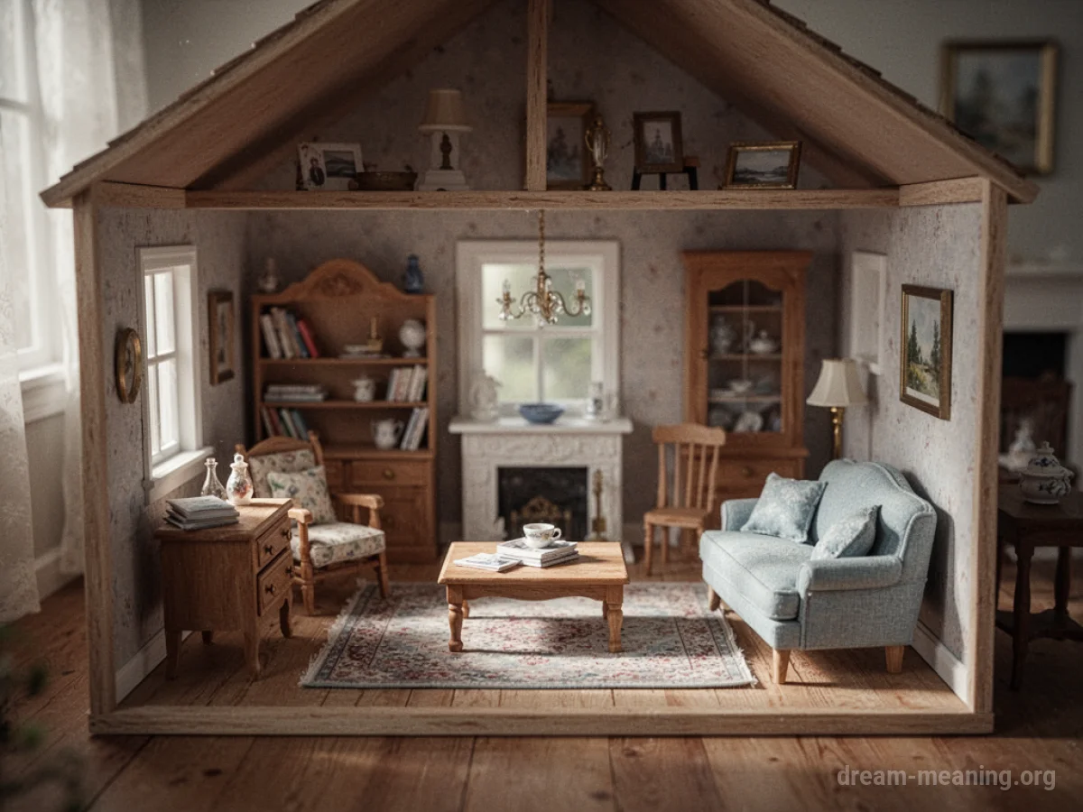 A miniature living room inside a dollhouse.